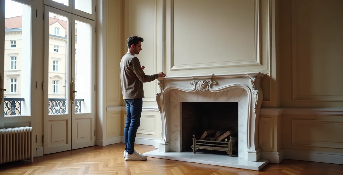 Intérieur d'appartement haussmannien avec cheminée et système de ventilation moderne intégré