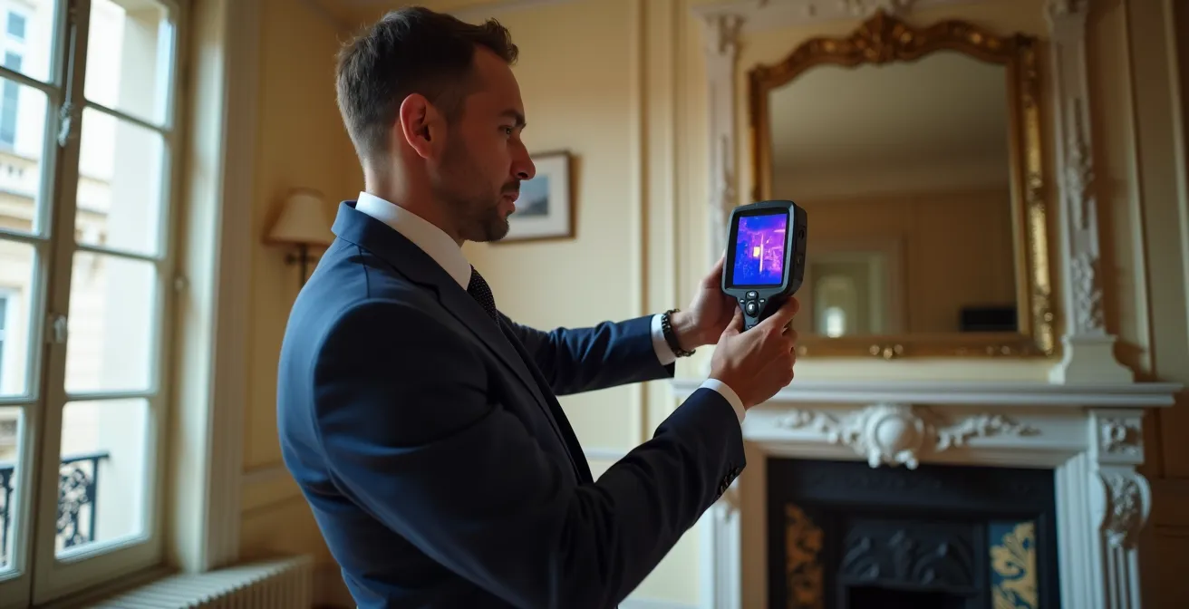 Professionnel réalisant un audit énergétique dans un appartement haussmannien parisien avec caméra thermique