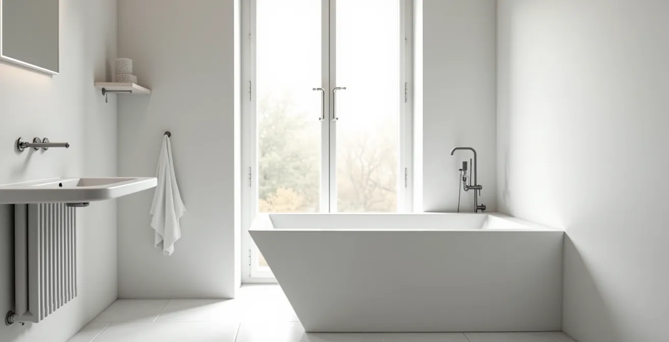 Baignoire d'angle installée dans une petite salle de bain parisienne optimisant l'espace