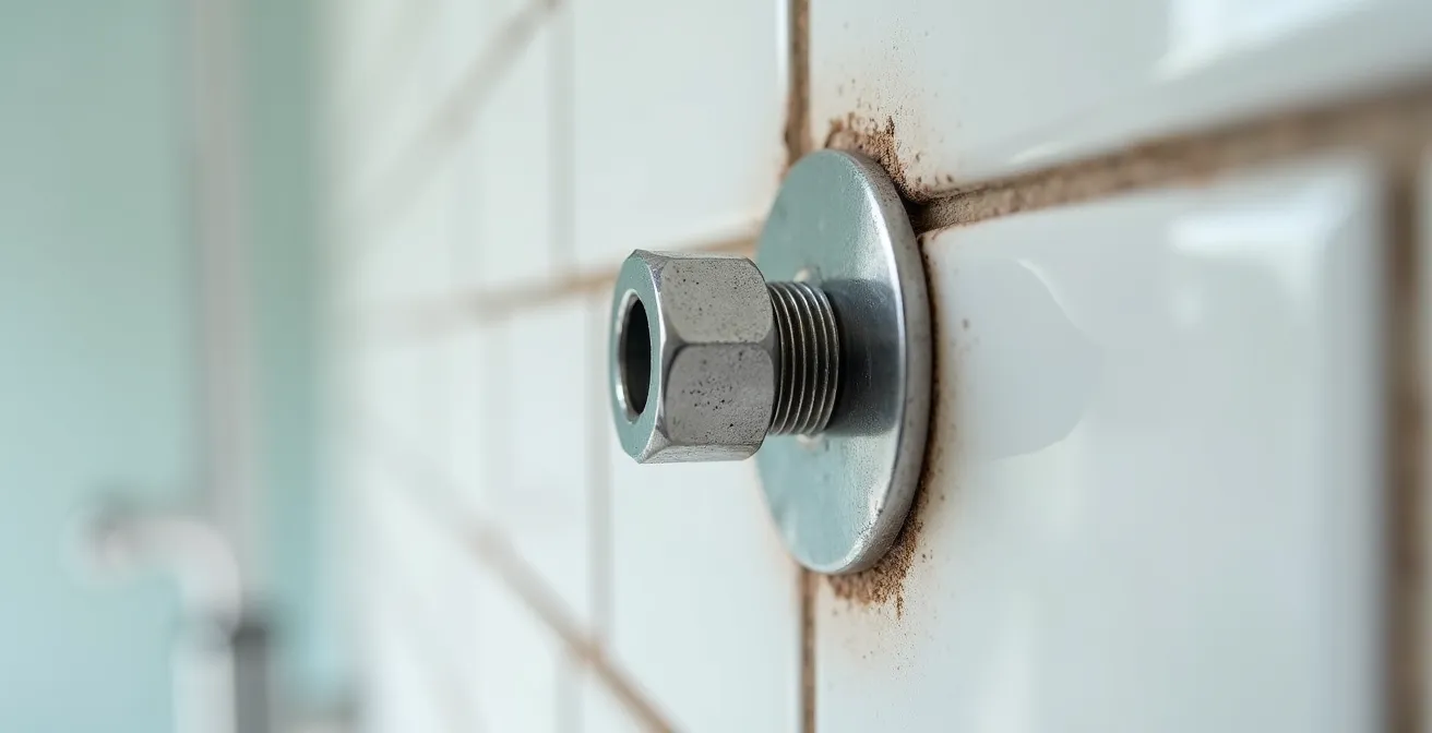 Gros plan sur fixation murale de barre d'appui avec chevilles métalliques dans un mur carrelé, illustrant une installation sécurisée.