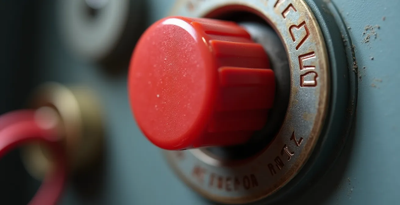 Vue macro du bouton de réarmement rouge sur thermostat de chauffe-eau