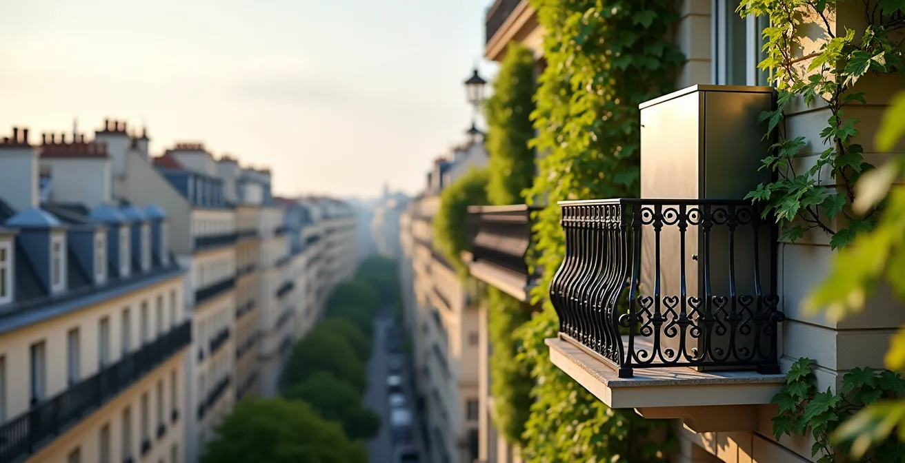 Cache-climatisation en zinc sur balcon parisien avec ferronnerie traditionnelle et végétation