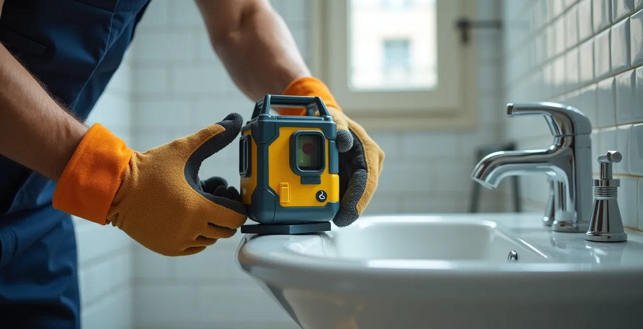 Mesure de la pente d'une canalisation avec un niveau laser dans un appartement parisien