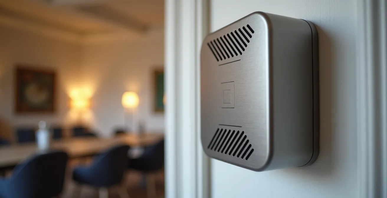 Vue macro d'un capteur de CO2 moderne installé au mur d'une salle de réunion avec architecture haussmannienne visible en arrière-plan flou