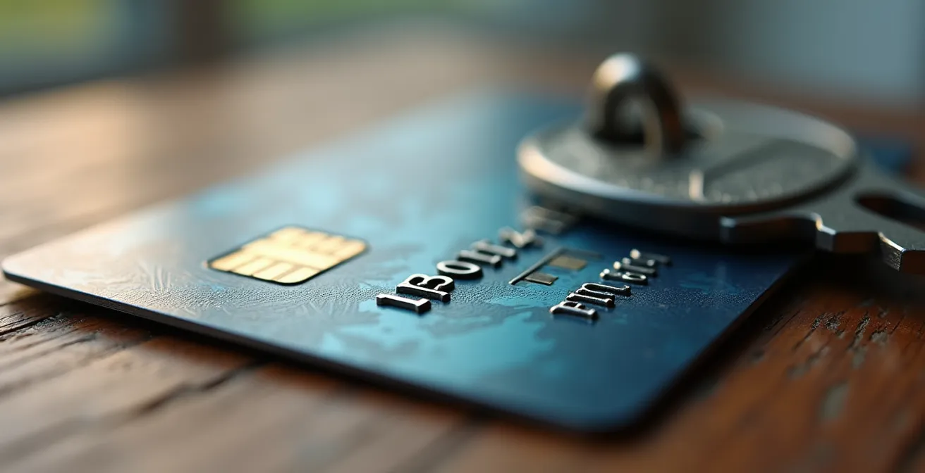 Carte de propriété sécurisée posée à côté d'une clé haute sécurité sur une surface en bois