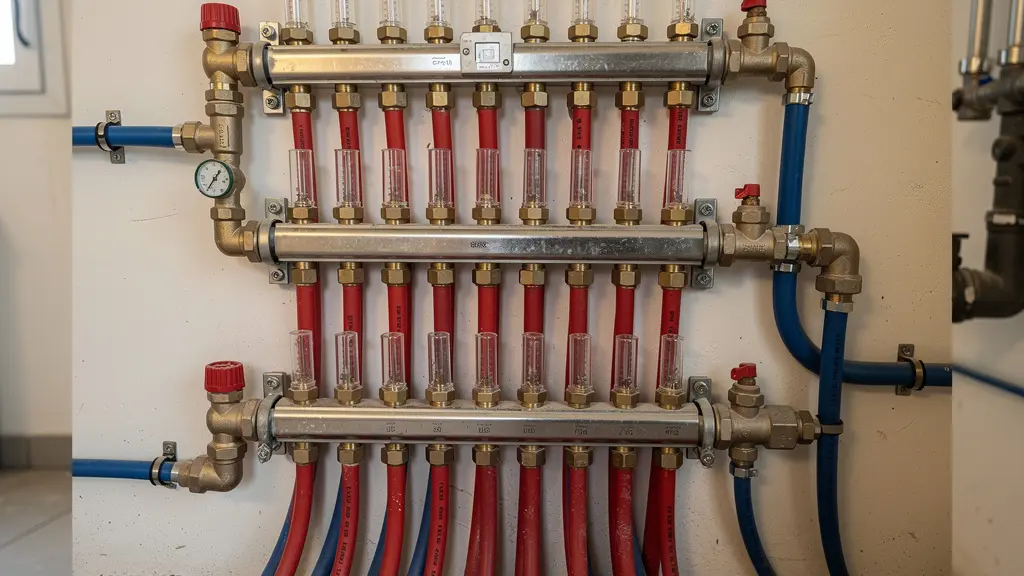 Collecteur de plancher chauffant hydraulique avec tubes PER raccordés dans une maison