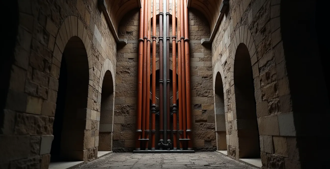 Colonne montante en plomb traversant plusieurs étages d'un immeuble parisien ancien