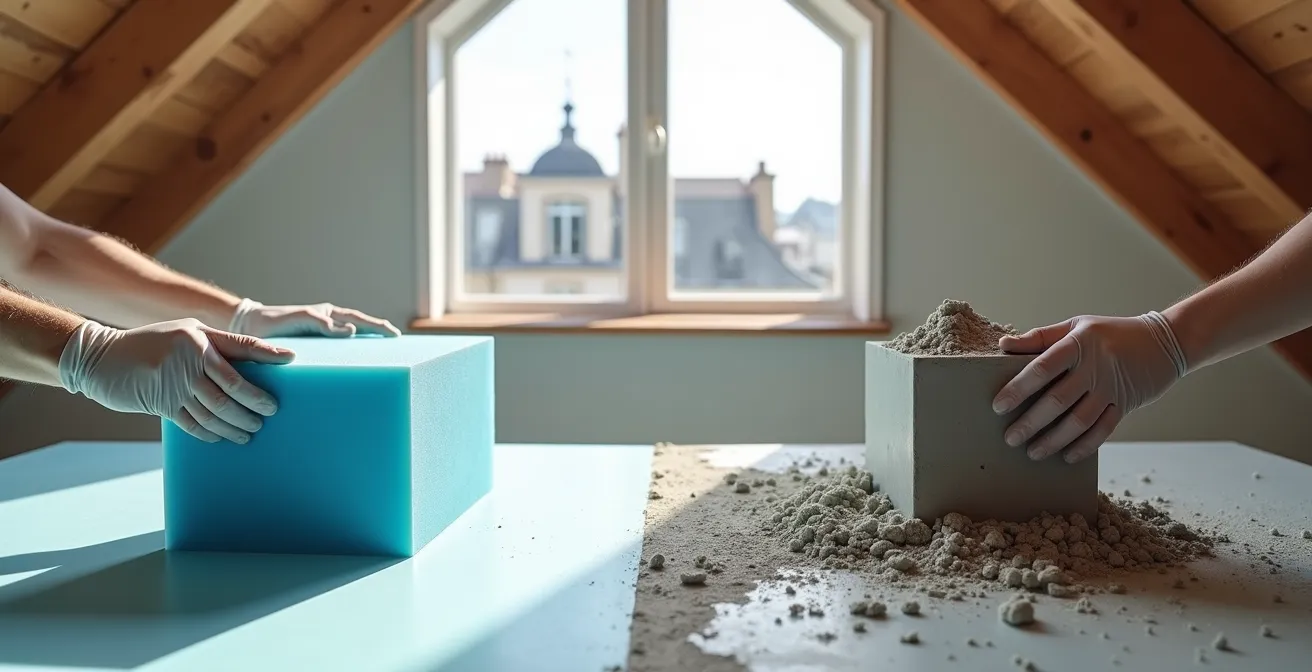 Comparaison visuelle en coupe d'un receveur Wedi léger et d'une chape béton épaisse sur plancher bois