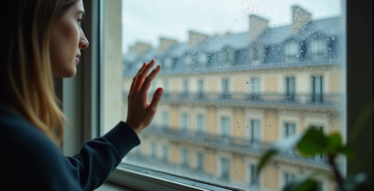 Vue rapprochée de condensation sur une fenêtre moderne avec moisissures naissantes dans les angles du cadre
