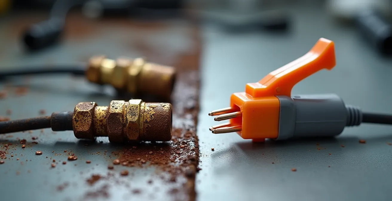 Comparaison visuelle entre connecteurs Wago modernes et dominos corrodés en environnement humide