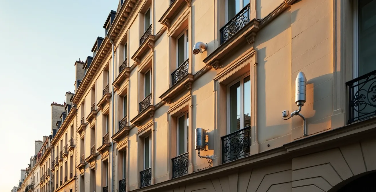 Façade d'immeuble haussmannien parisien avec système de ventouse moderne intégré