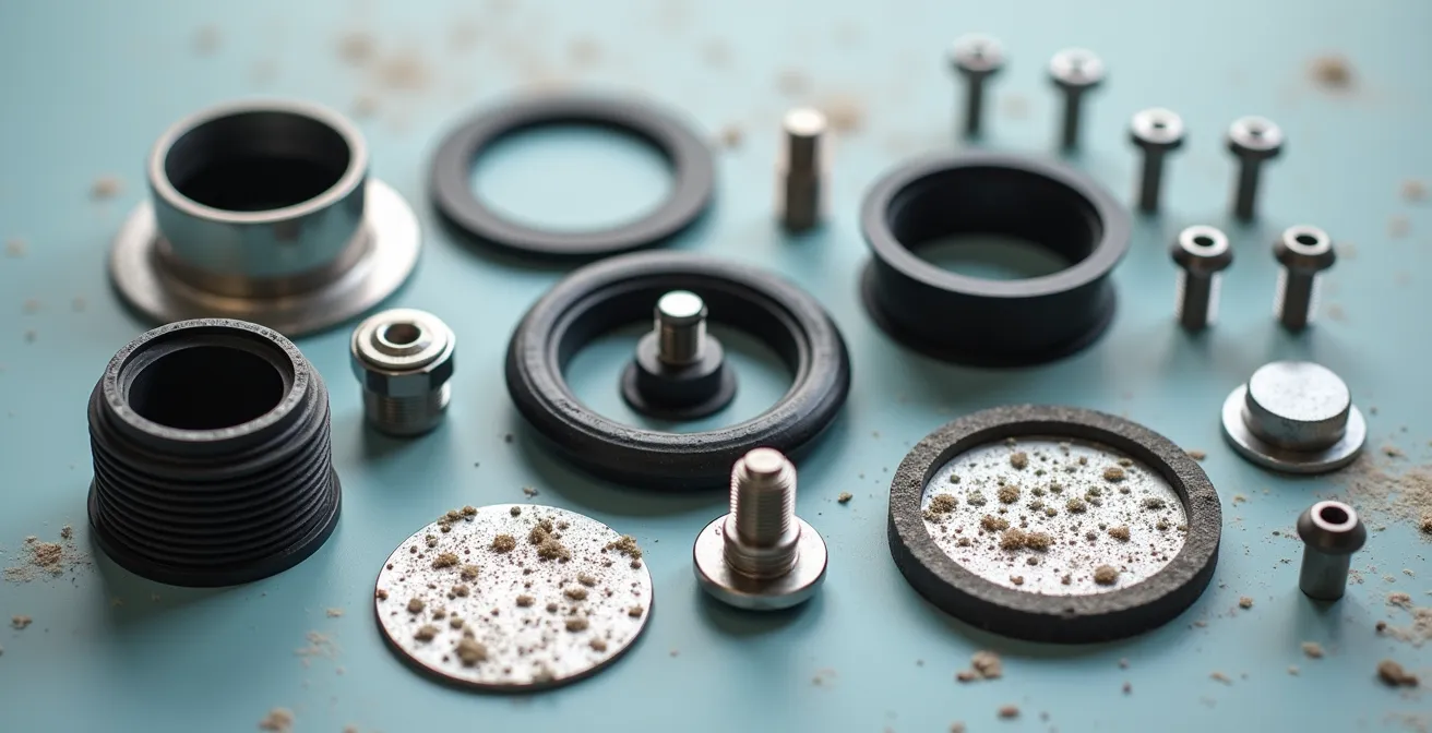 Vue détaillée du démontage d'une bonde de douche italienne avec joints et composants