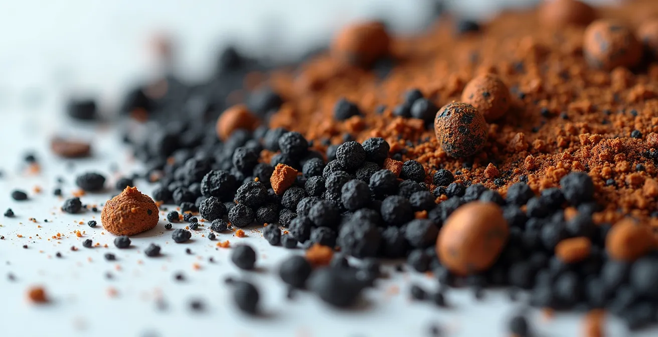 Gros plan sur des boues de corrosion extraites d'un réseau de chauffage d'immeuble parisien