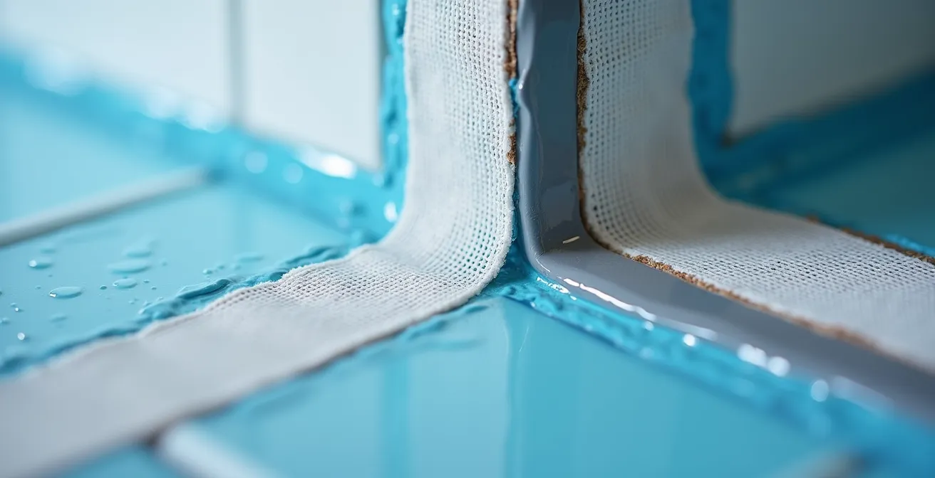 Vue macro d'une bande d'étanchéité parfaitement marouflée dans un angle de douche