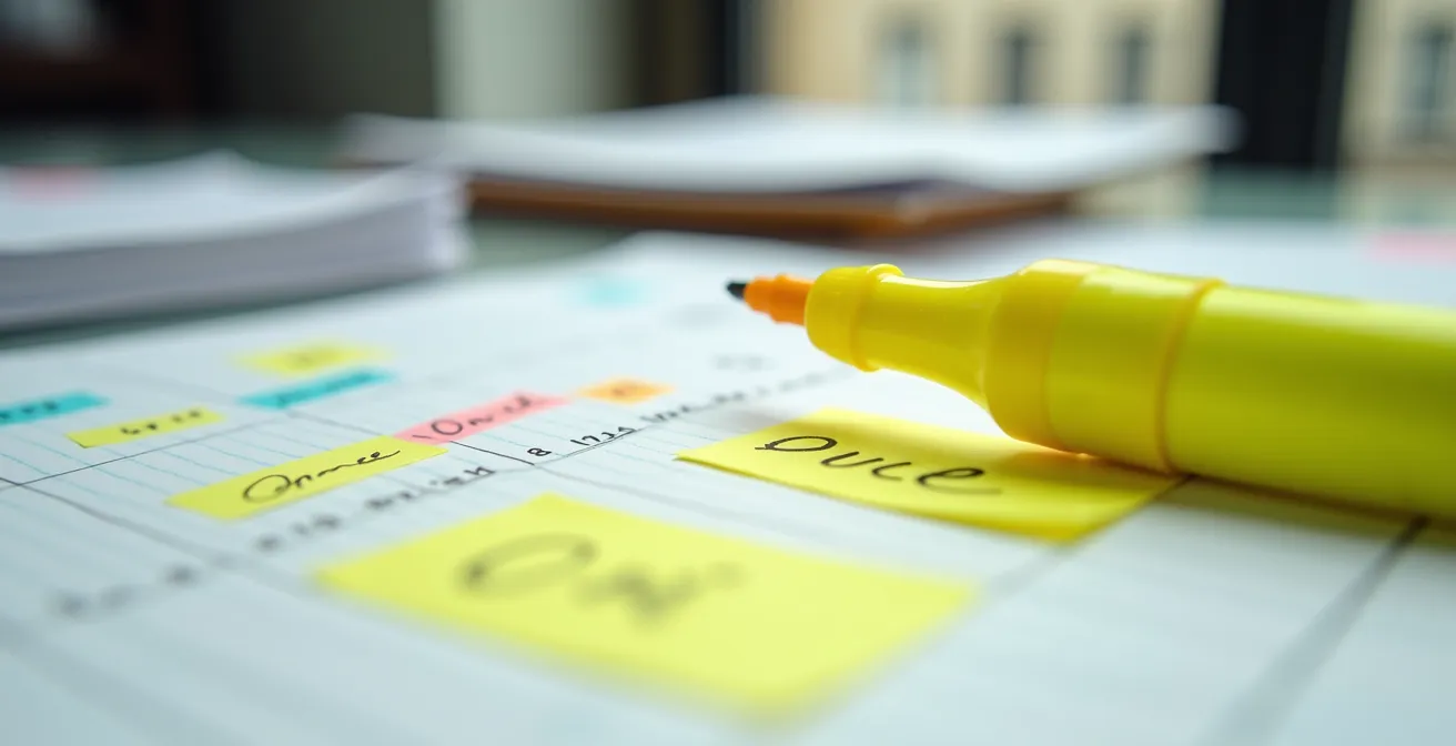 Bureau avec documents de devis pour pompe à chaleur surligné et calculatrice dans un appartement parisien