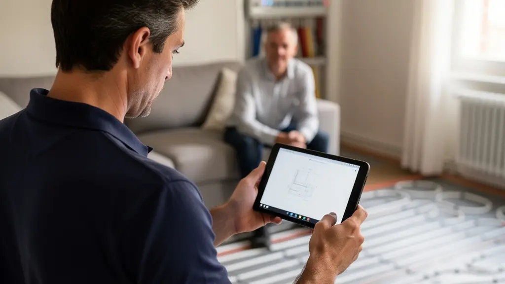 Technicien effectuant un diagnostic thermique avec tablette dans un salon de maison française