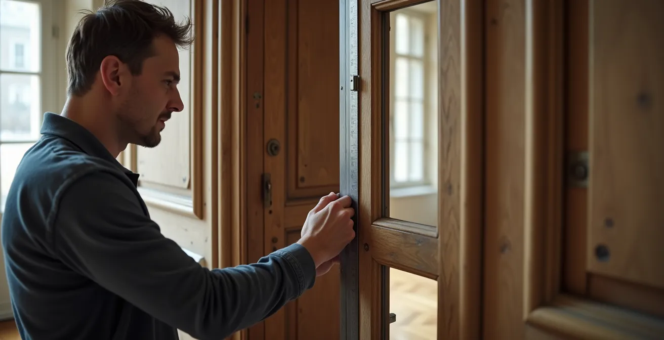 Diagnostic du voilage d'une porte en bois avec une règle de maçon
