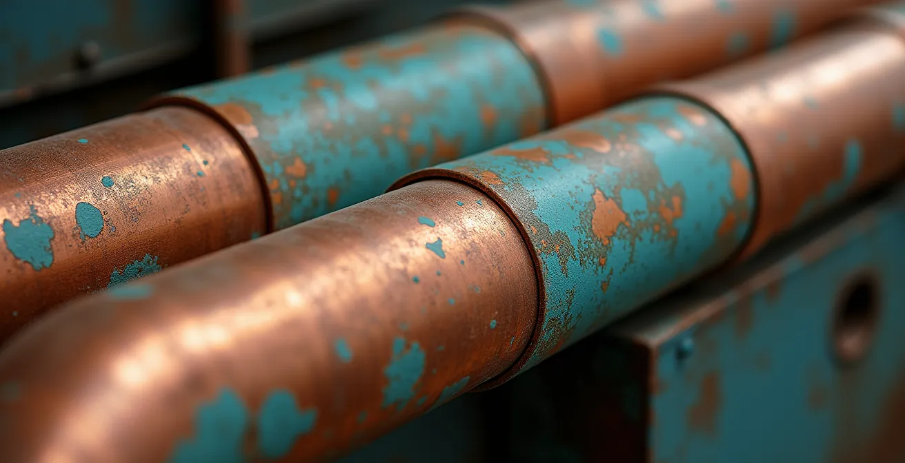 Gros plan sur tuyau en cuivre avec patine naturelle et zones brillantes