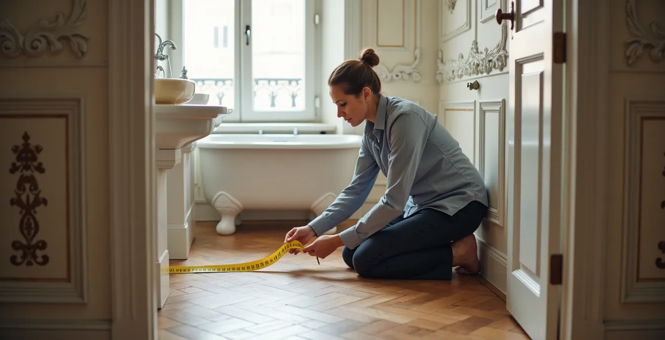 Ergothérapeute professionnelle mesurant l'espace de circulation dans une salle de bain avec un mètre ruban, illustrant l'évaluation à domicile.