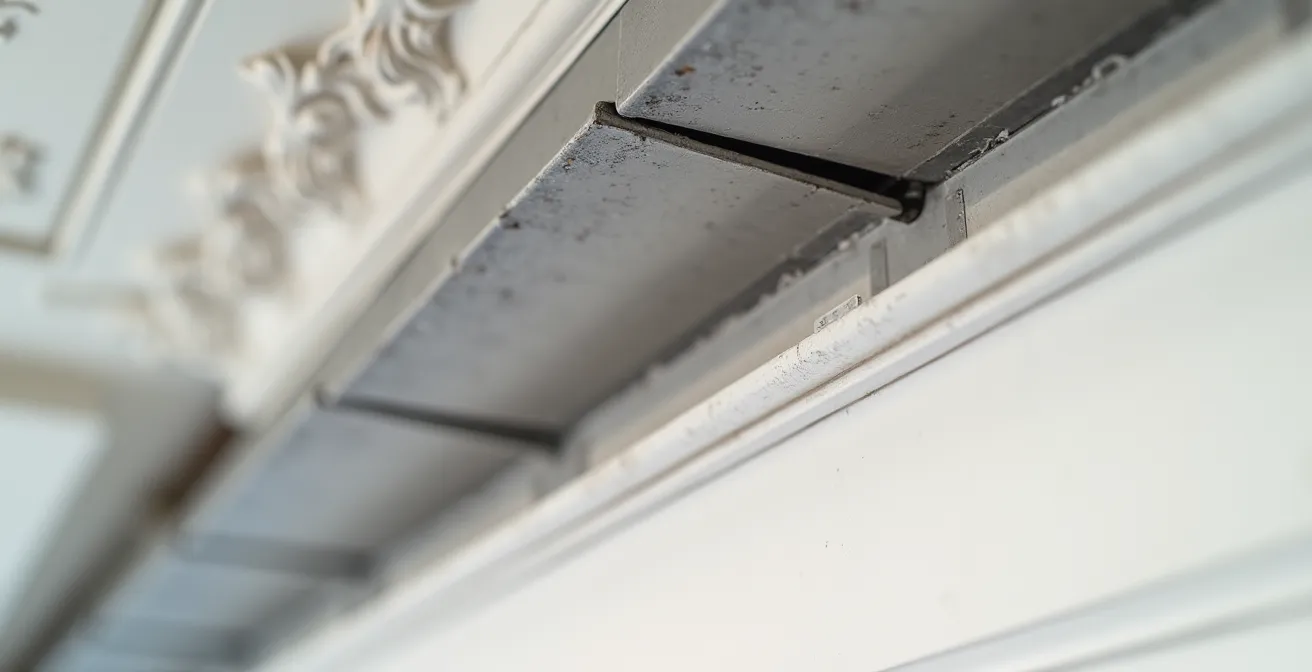 Coupe transversale d'un faux-plafond partiel intégrant les gaines de VMC dans un appartement parisien