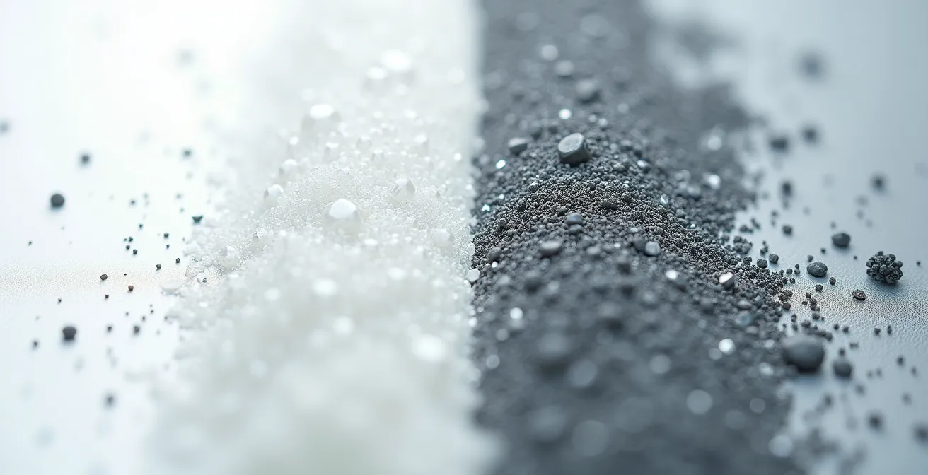 Comparaison saisissante entre un filtre de VMC F7 blanc et neuf et un filtre identique noirci par les particules fines après usage en milieu urbain.