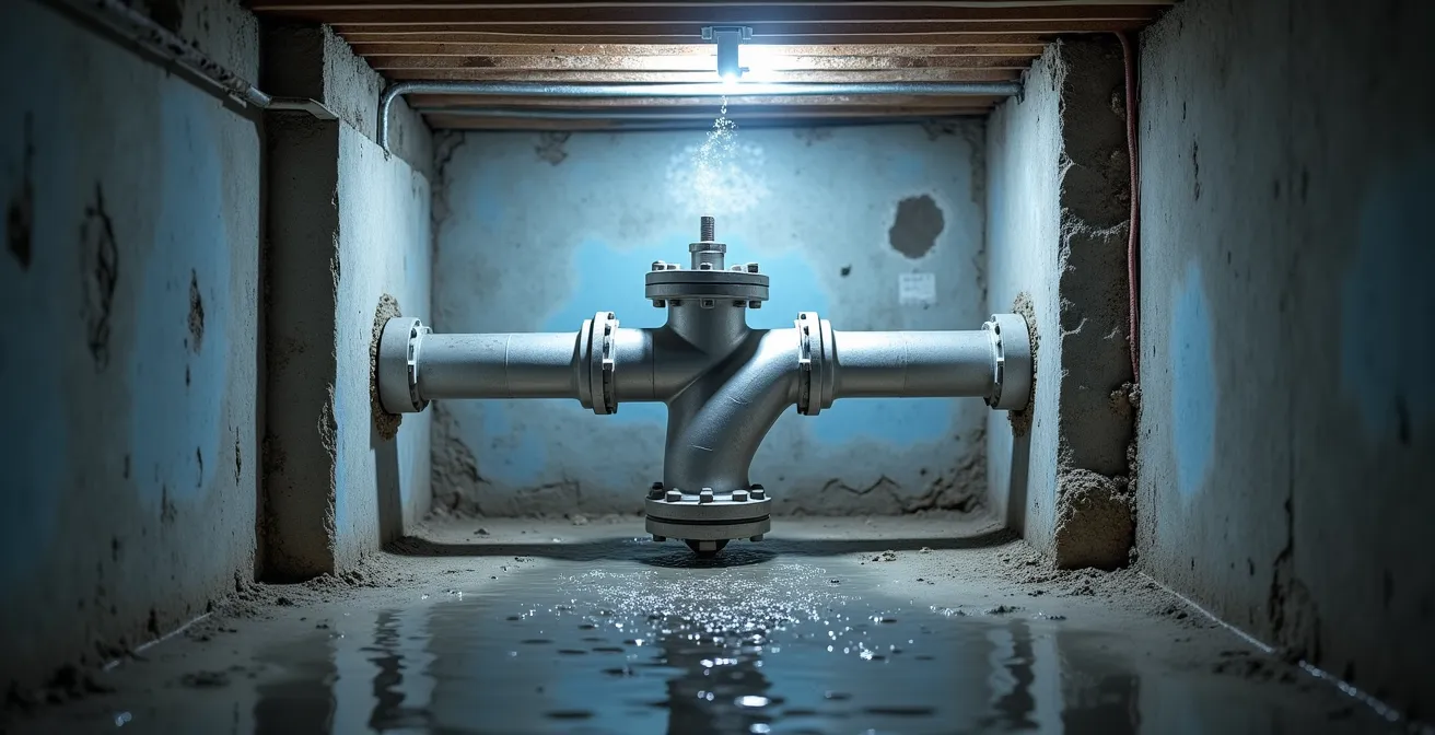 Vue en coupe d'un clapet anti-retour installé dans les canalisations d'un sous-sol de pavillon