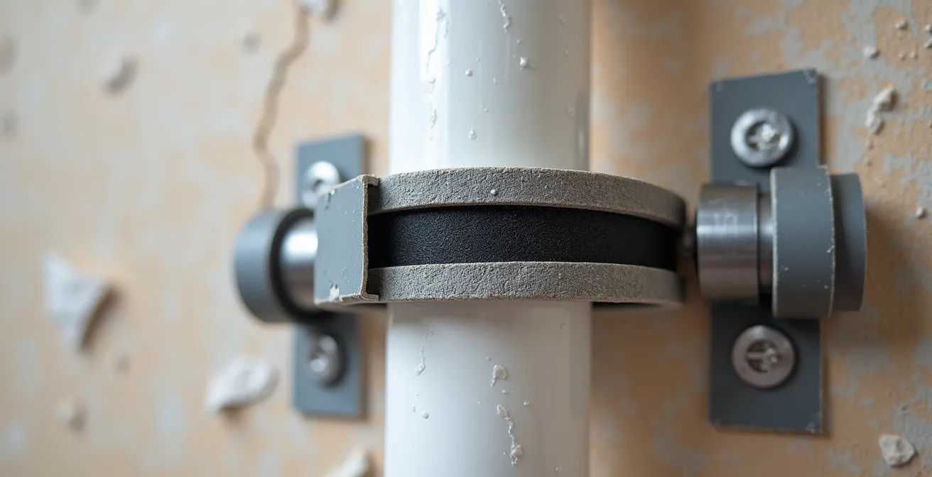 Gros plan sur l'installation de colliers isophoniques sur une canalisation PVC fixée à un mur en plaque de plâtre