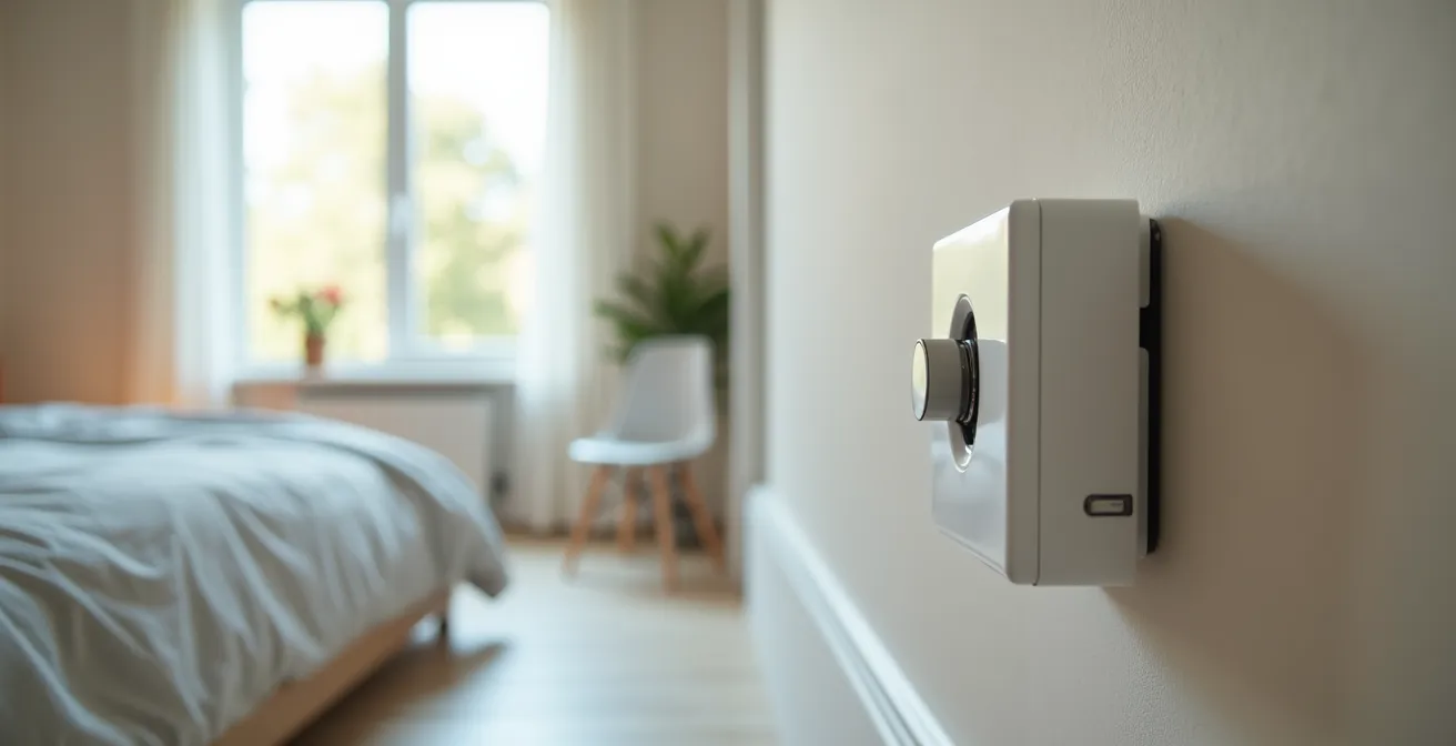 Installation discrète d'une mini pompe de relevage silencieuse dans une chambre à coucher moderne