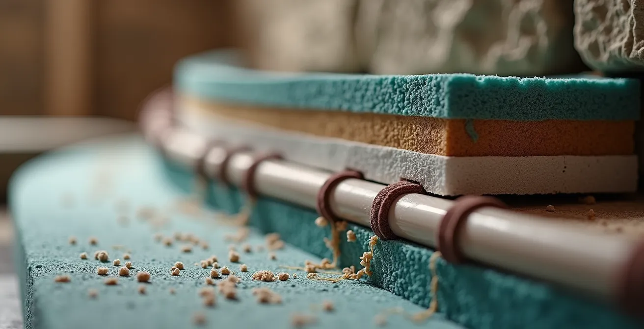 Détail technique de l'installation d'un sanibroyeur avec système d'insonorisation multicouche