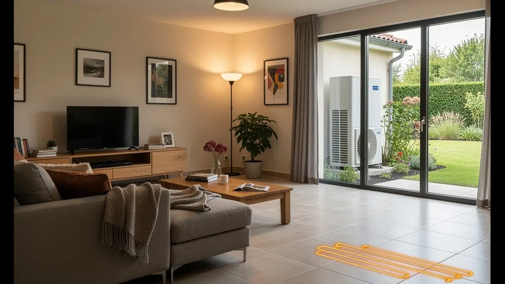 Salon moderne de maison française avec plancher chauffant au sol et vue sur pompe à chaleur dans le jardin