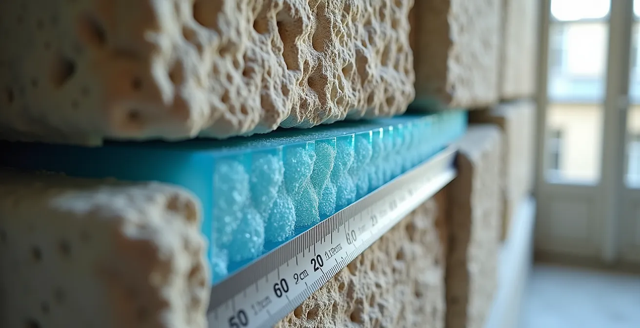 Coupe technique d'un mur en pierre parisien montrant l'application d'isolant mince aérogel avec comparaison des épaisseurs d'isolation