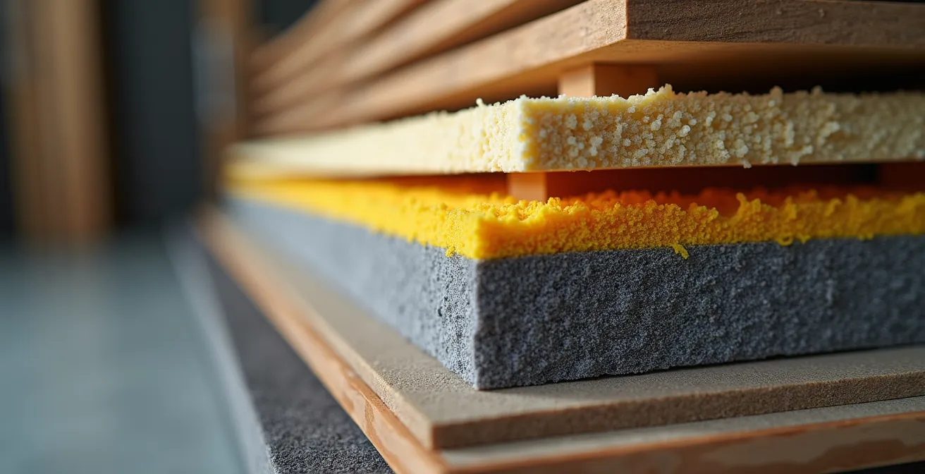 Vue en coupe d'un local technique avec isolation phonique multicouche pour chauffe-eau thermodynamique