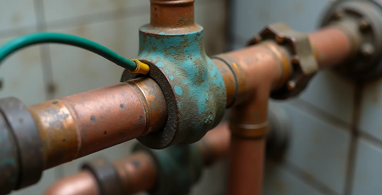 Système de liaison équipotentielle sur tuyauterie ancienne en cuivre dans salle de bain parisienne