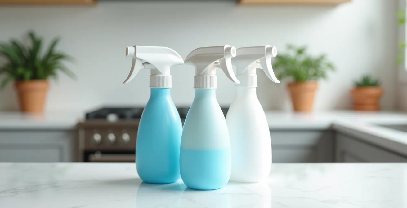 Flacons de lubrifiants silicone de qualité alimentaire posés sur un plan de travail de cuisine