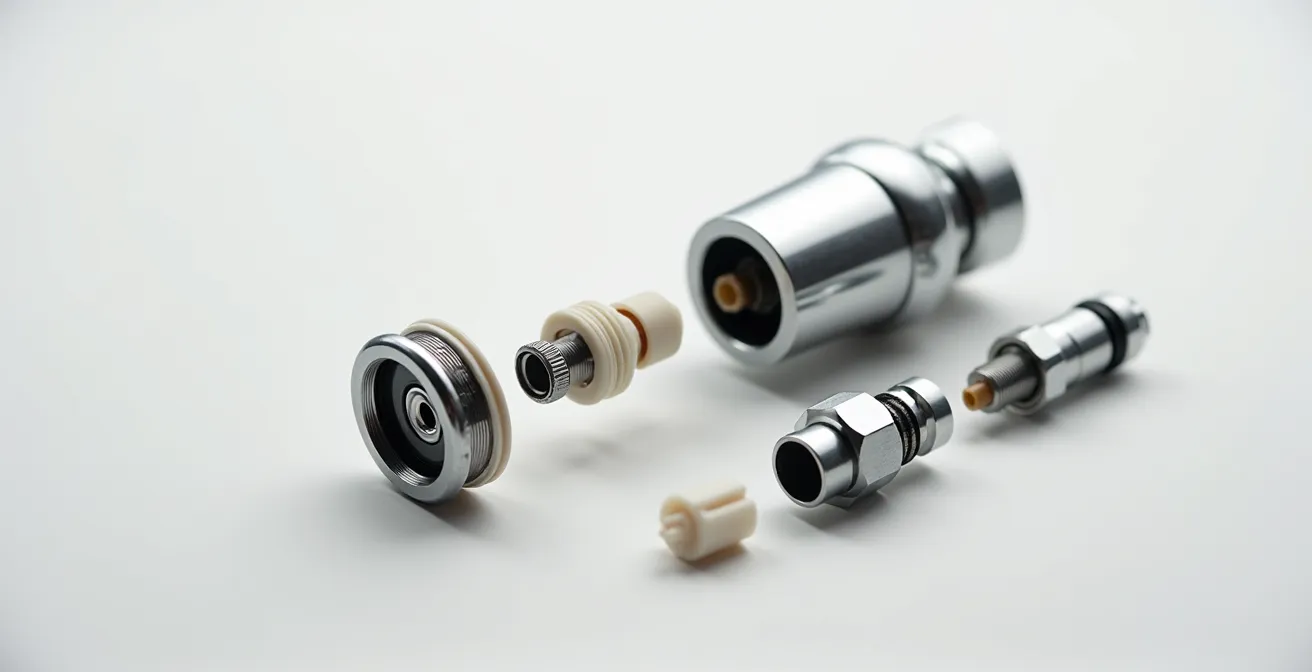 Vue éclatée d'un mécanisme de robinet quart de tour montrant la cartouche céramique et l'ergot de connexion