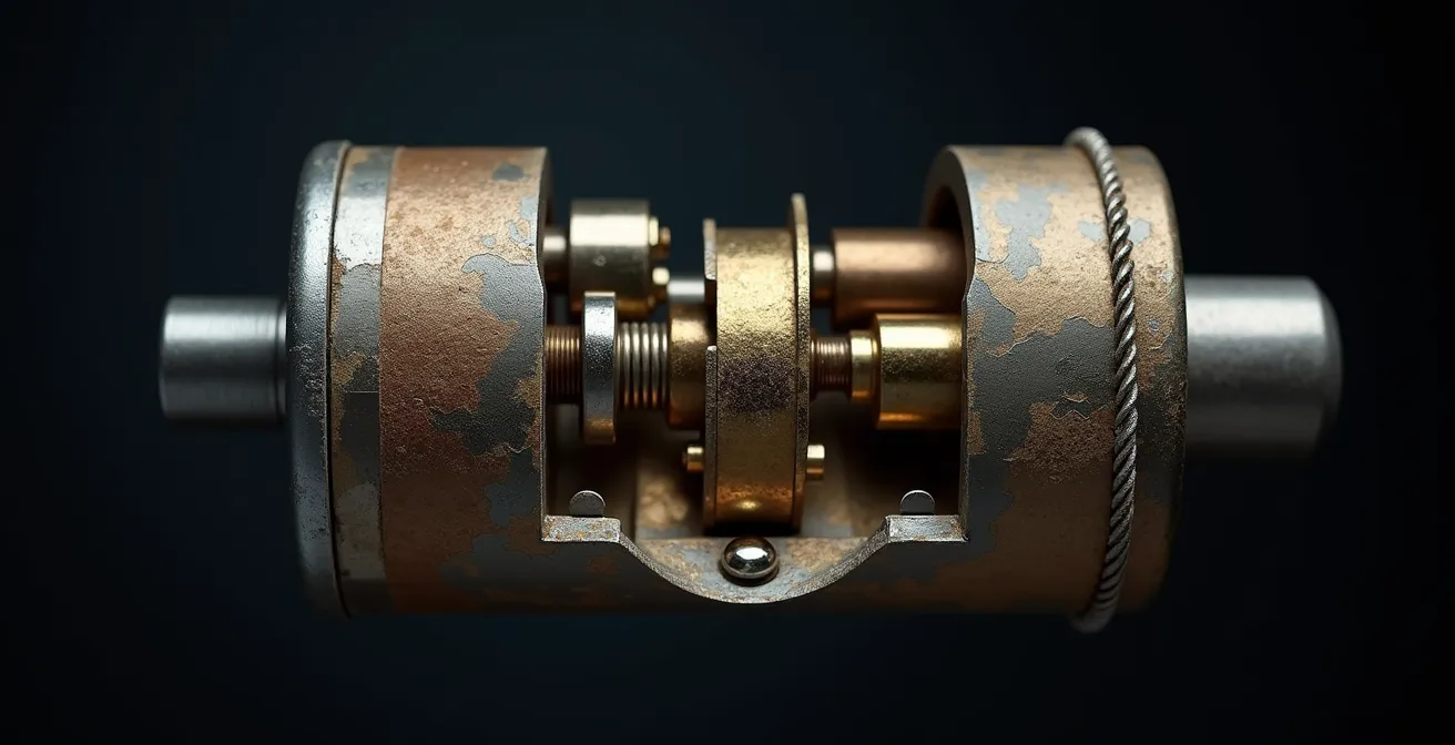 Vue macro détaillée du mécanisme interne d'une serrure à pompe