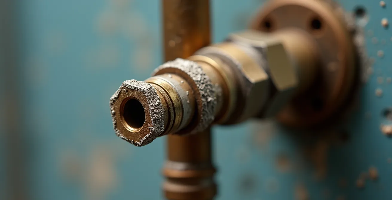 Vue macro d'une soupape de sécurité de chauffe-eau avec dépôts calcaires visibles sur le mécanisme