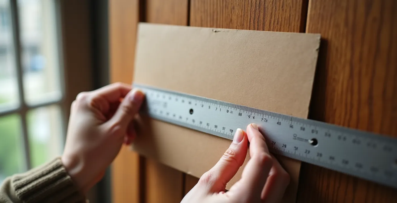 Mesure des cotes d'une serrure avec un gabarit en carton sur une porte parisienne