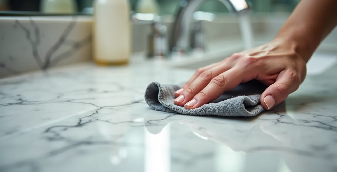 Gros plan d'une main essuyant un plan vasque en marbre avec une microfibre