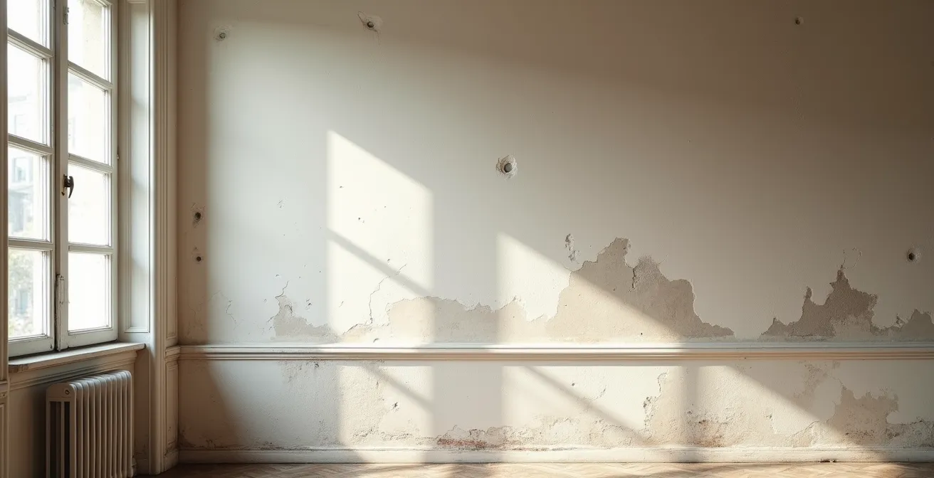 Mur d'un appartement parisien avec traces d'humidité visibles, éclairage latéral accentuant les variations de texture