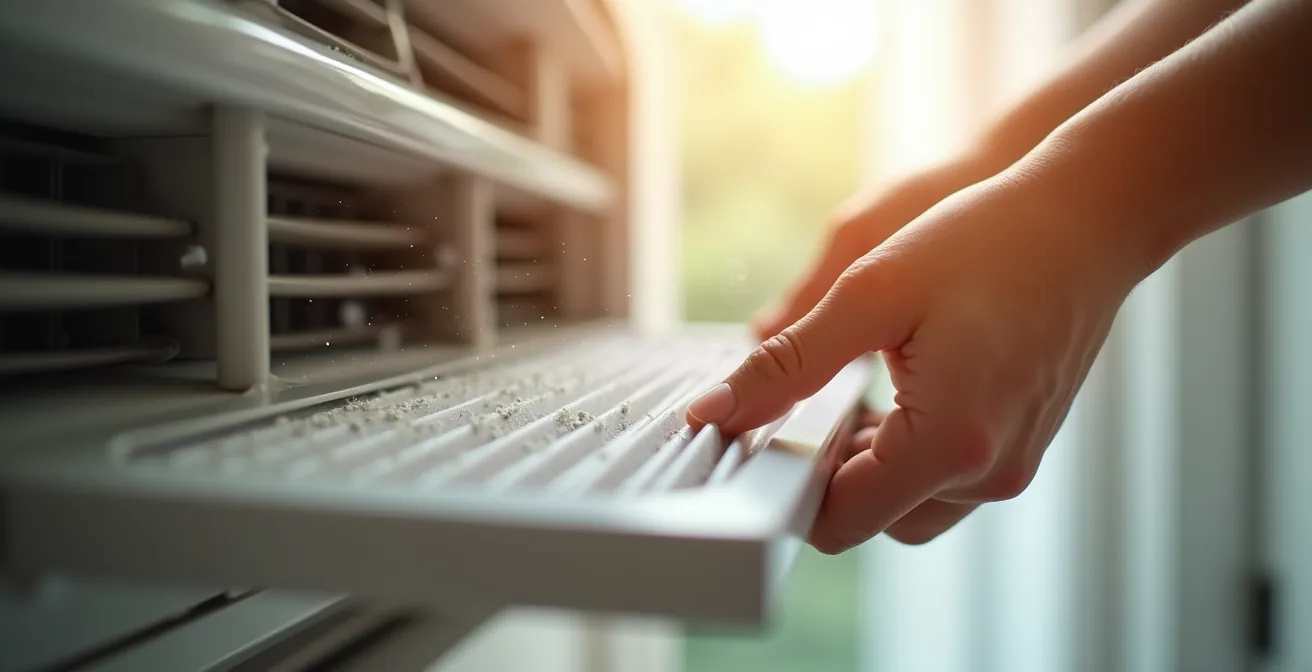 Mains nettoyant délicatement les filtres d'un climatiseur avec détails des saletés accumulées