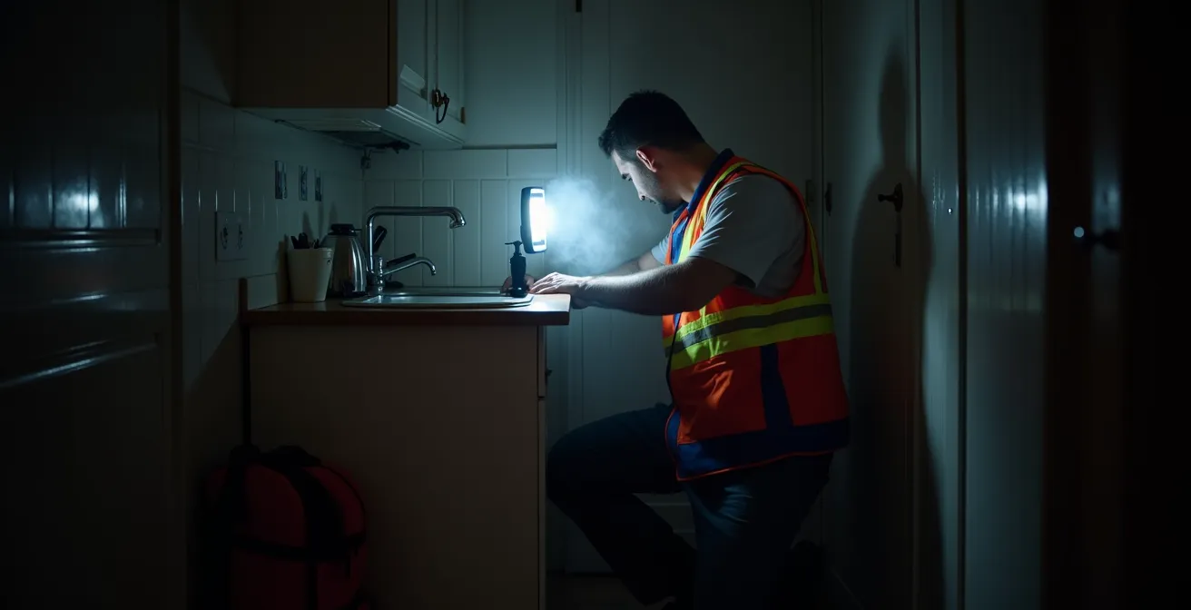 Plombier professionnel intervenant de nuit dans un appartement parisien avec éclairage de chantier