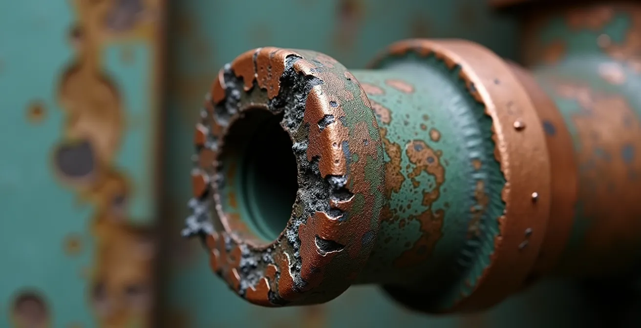 Vue macro d'une soudure ancienne sur tuyauterie de cuivre montrant des traces de corrosion