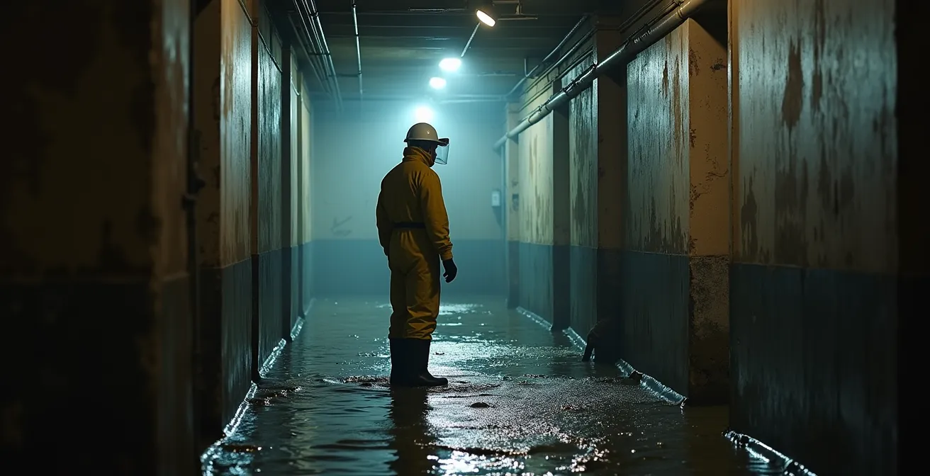 Professionnel en équipement de protection complet intervenant dans une cave inondée