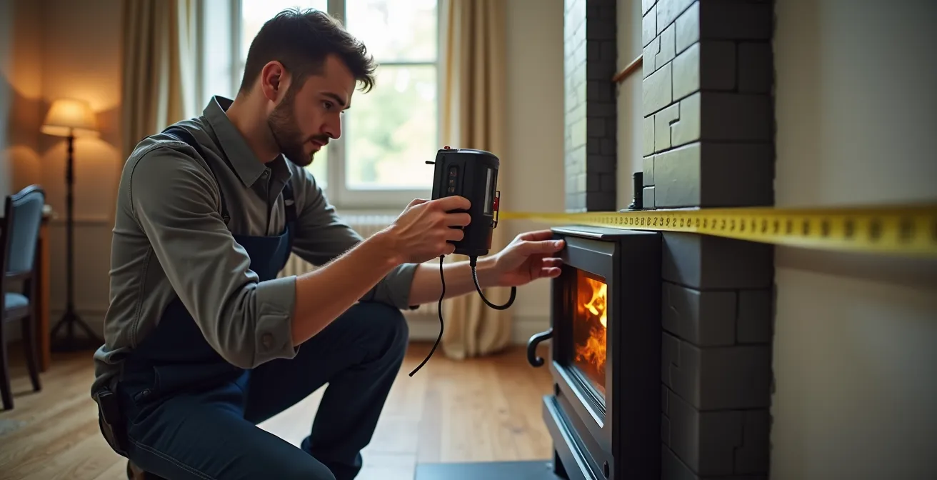 Installation sécurisée d'un poêle à bois avec protections murales dans un salon parisien