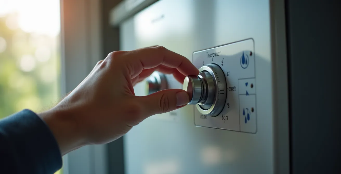 Gros plan sur une main ajustant la température d'un chauffe-eau thermodynamique