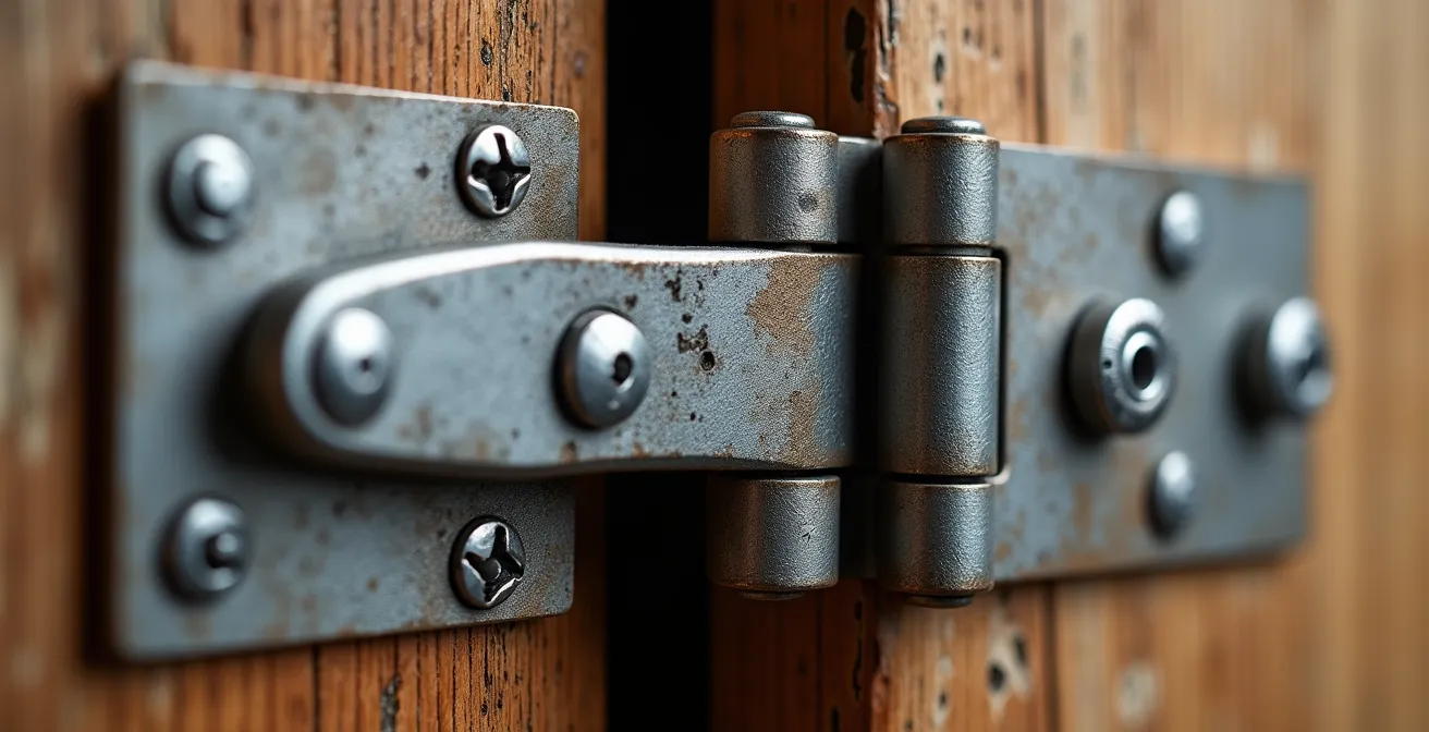 Vue macro détaillée d'un gond renforcé avec platine métallique sur bâti bois