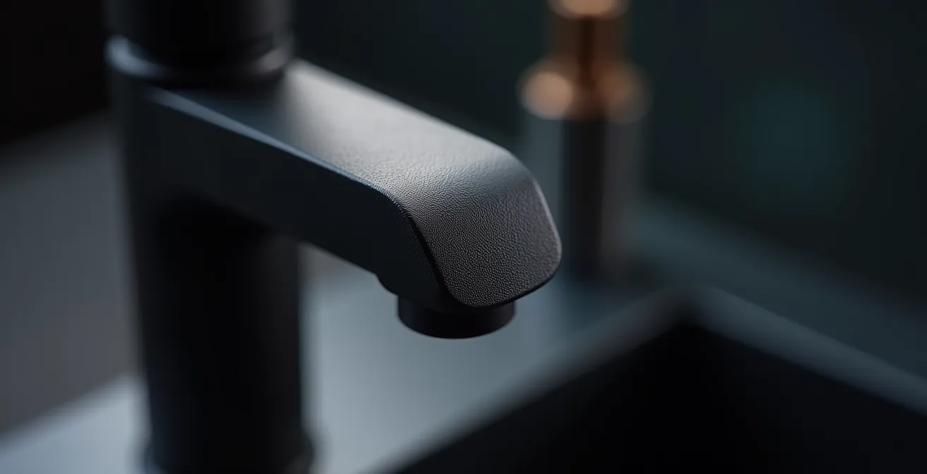 Détail macro d'un revêtement PVD noir mat sur un mitigeur résistant aux rayures