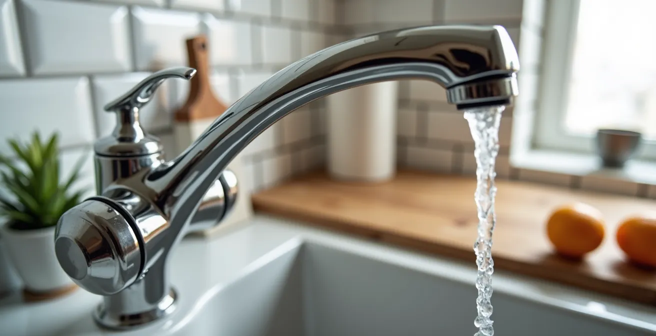 Robinet trois voies chromé installé dans une cuisine parisienne avec système de filtration sous évier