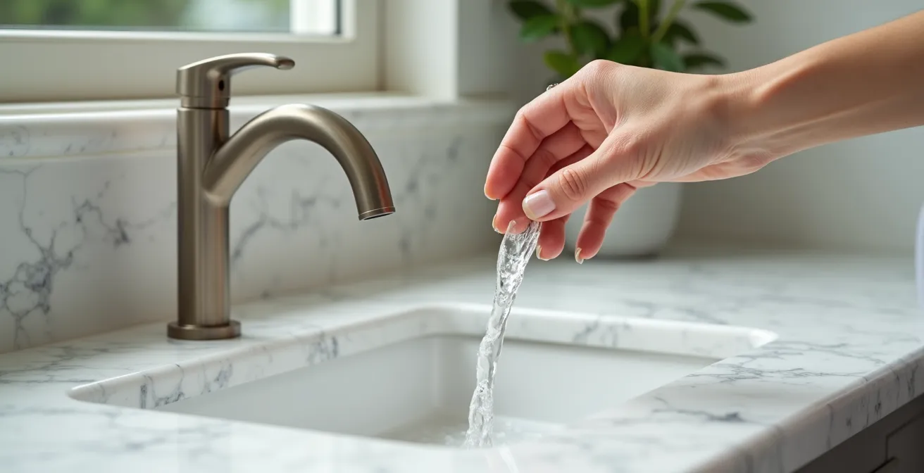 Robinet en inox brossé sur plan vasque en marbre blanc veiné